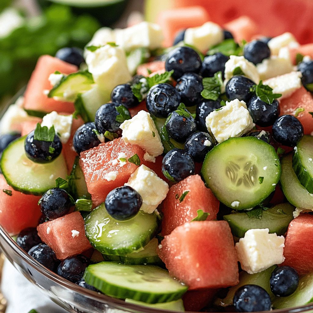 Watermelon Feta Salad with Cucumber and Blueberries