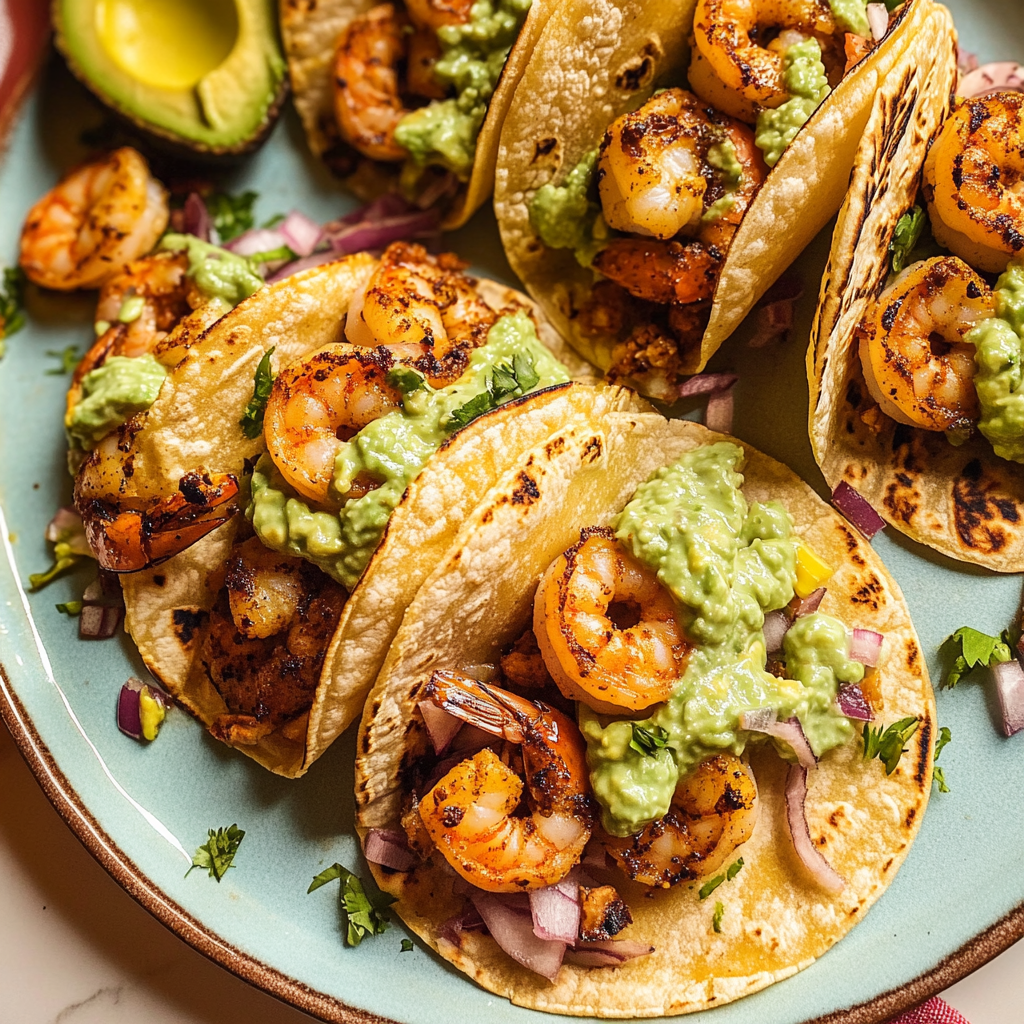 Quick Air Fryer Shrimp Tacos with Avocado Crema
