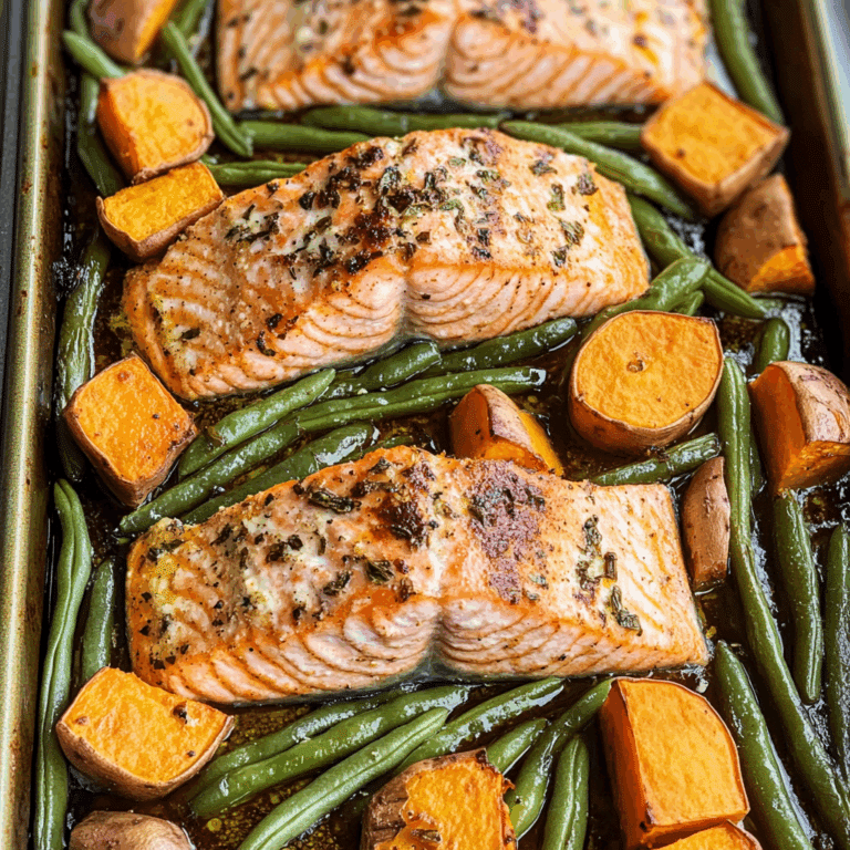 Sheet Pan Baked Salmon with Sweet Potatoes and Green Beans