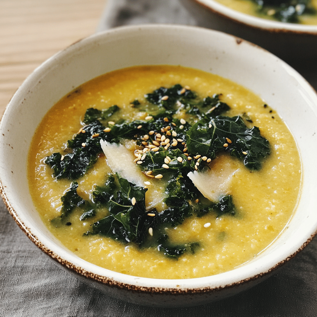 Hearty Vegan Polenta and Kale Soup With Miso and Toasted Sesame Oil