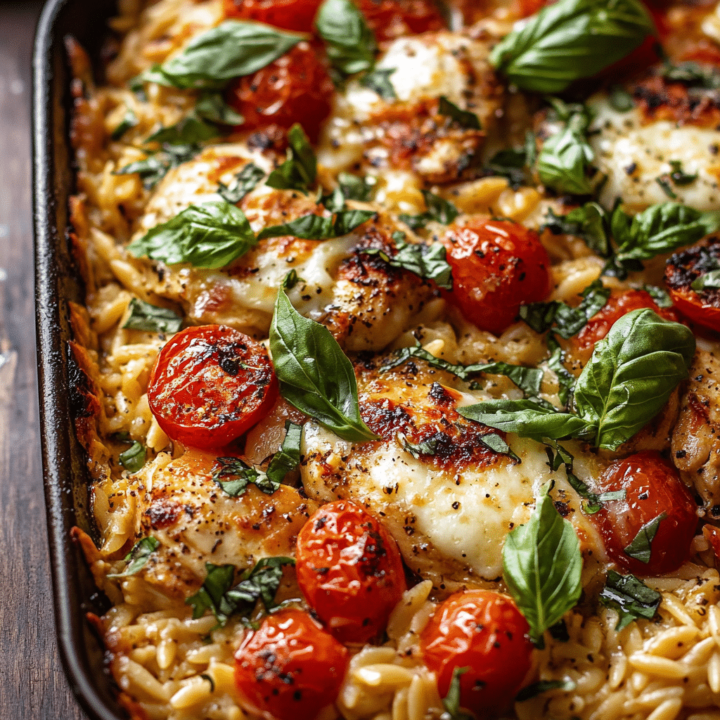 One Pan Chicken Caprese Orzo Bake