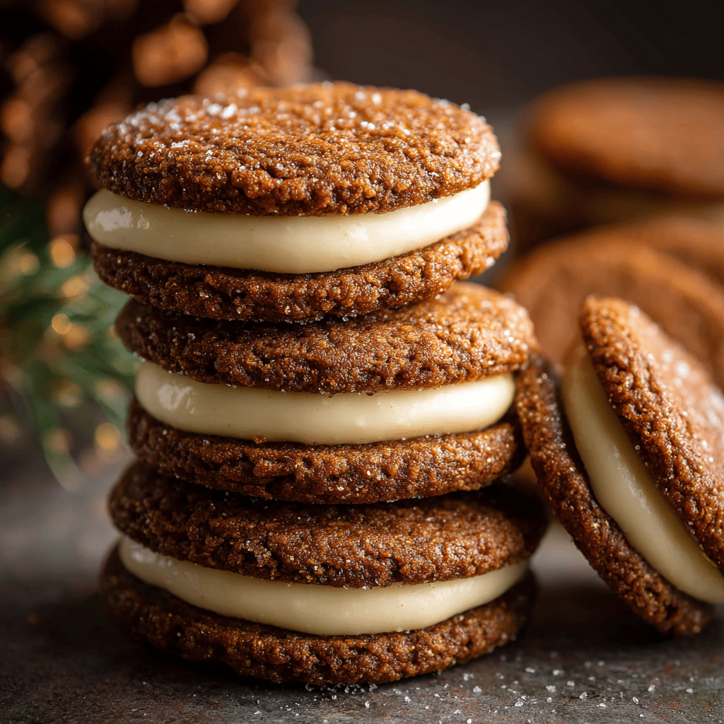Ginger Molasses Sandwich Cookies with Eggnog Frosting