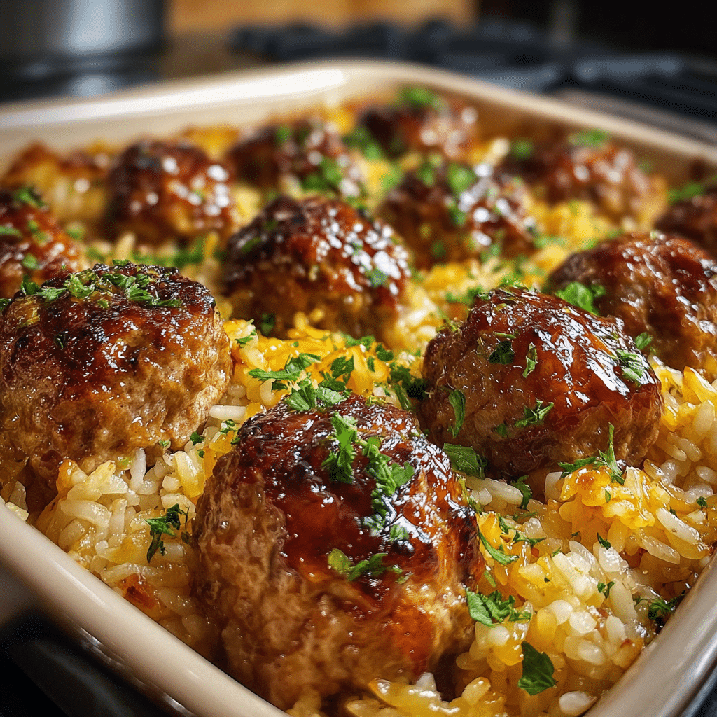 Honey Garlic Meatball Rice Bake