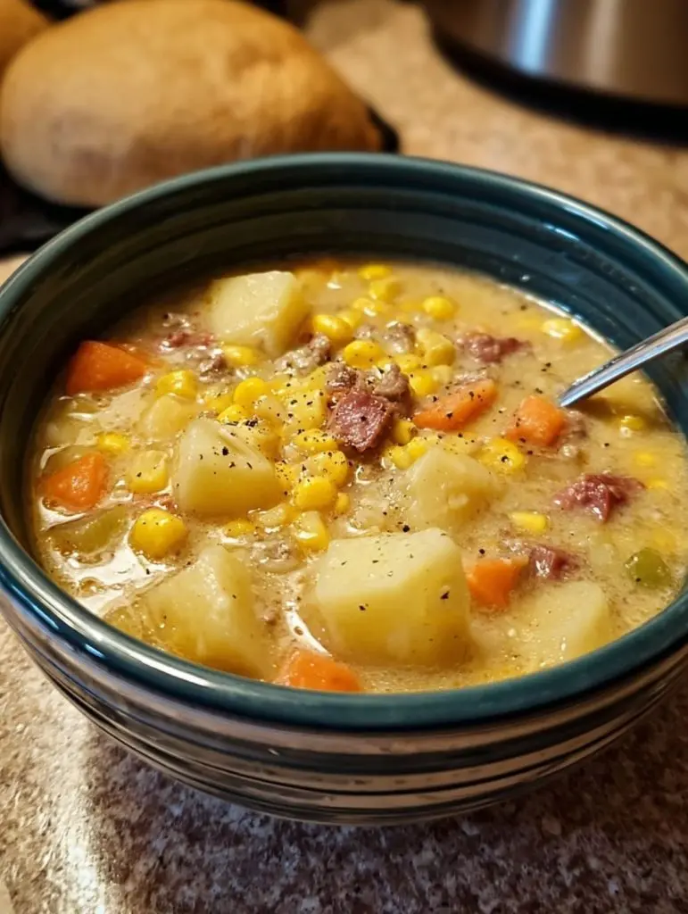 A bowl of hot Amish Snow Day Soup served with a side of buttered bread