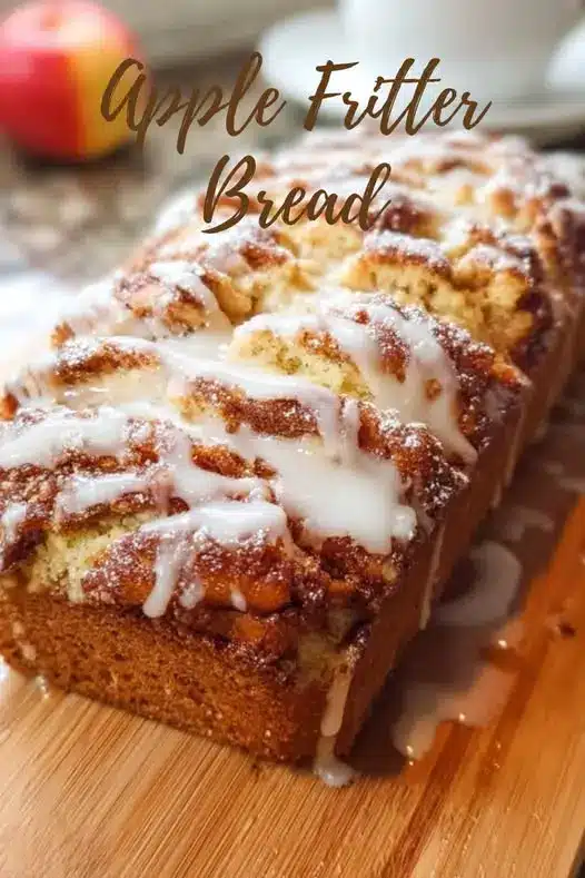 A whole loaf of apple fritter bread with white glaze dripping down the sides