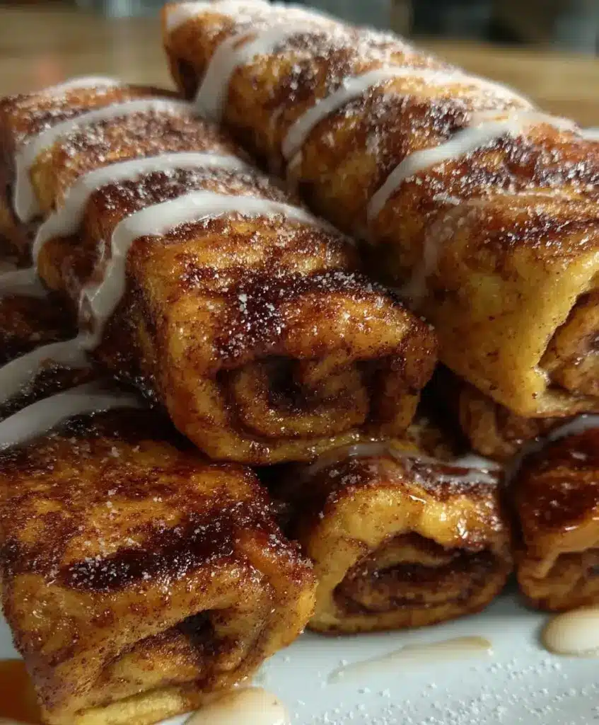 A close up shot of a cinnamon French toast roll up being dipped into a small bowl of maple syrup.