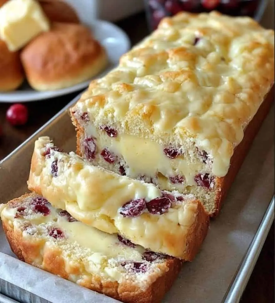 A slice of cranberry bread showing the cream cheese swirl inside, served on a white plate with a fork.