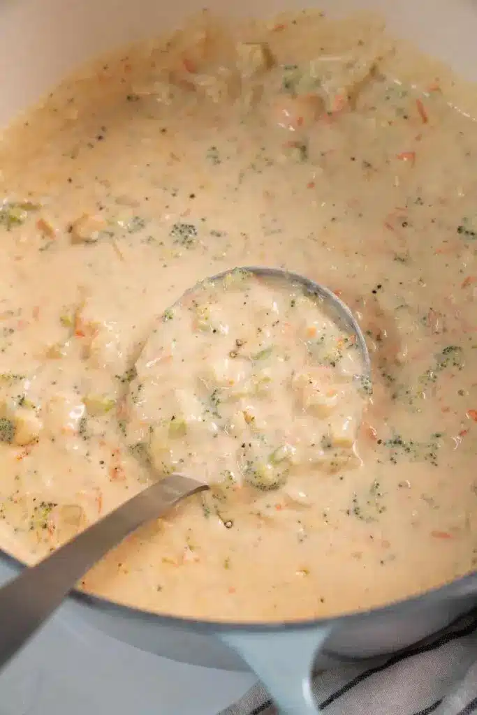 A bowl of broccoli cauliflower cheese soup served with a side of toasted bread.