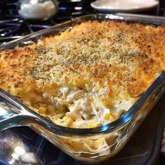 Finished creamy chicken casserole with a golden brown cracker topping in a white baking dish.