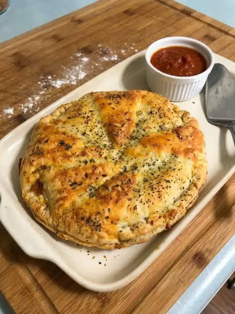 A slice of Italian crescent roll casserole on a plate showing layers of sausage, egg, and melted cheese.
