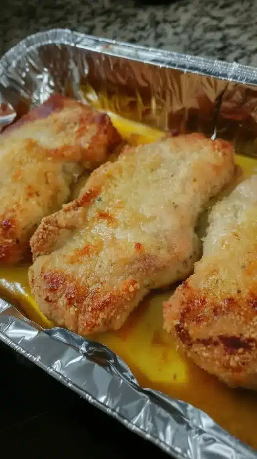 Two sliced Parmesan baked pork chops showing a juicy white interior and a thick golden crust, served with a side of greens.