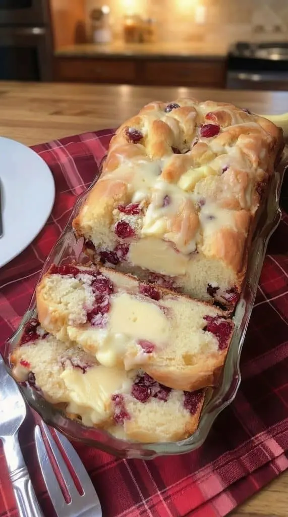 A close up shot of a slice of cranberry orange bread with orange glaze dripping down the side