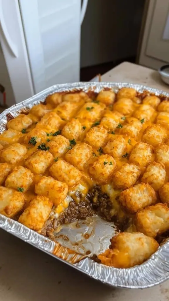 A close up shot of a serving of Mexican tater tot casserole on a white plate with sour cream.