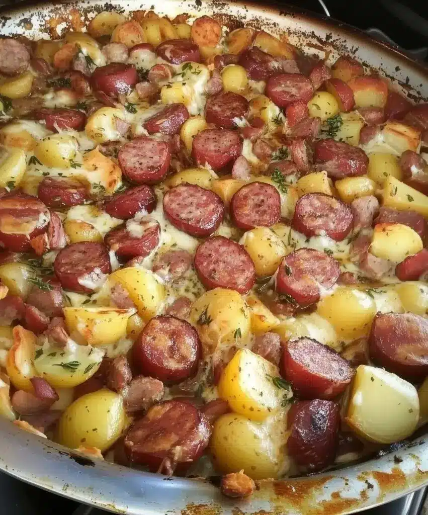 A close up of a scoop of cheesy potato casserole with visible smoked sausage slices