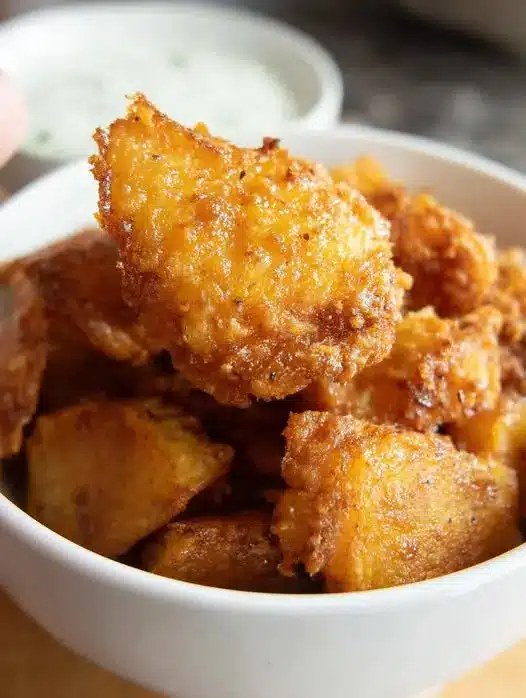A plate of Southern fried cornbread hush puppies served with a side of dipping sauce
