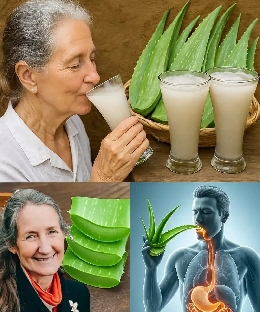 A senior woman smiling while holding a glass of clear aloe vera water in a bright kitchen
