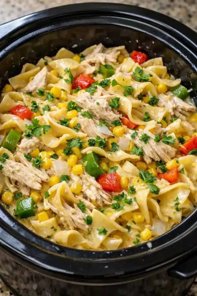 A close up of shredded chicken and corn in a golden broth