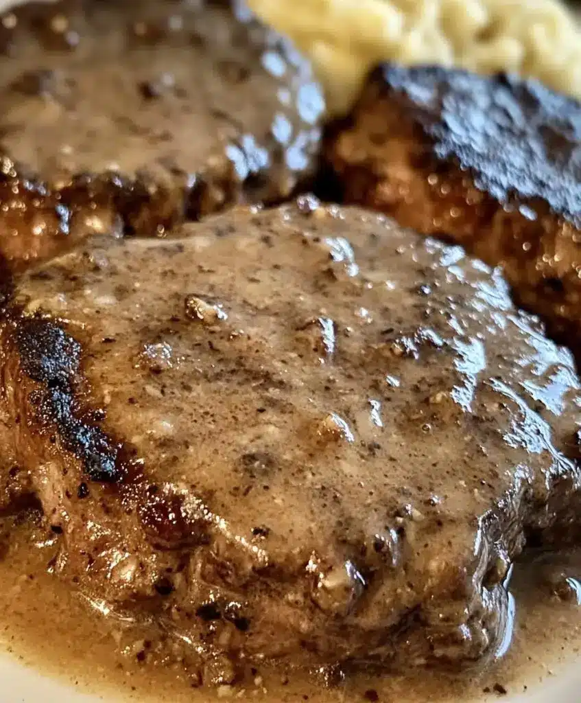 Finished Amish poor man steak served with mashed potatoes