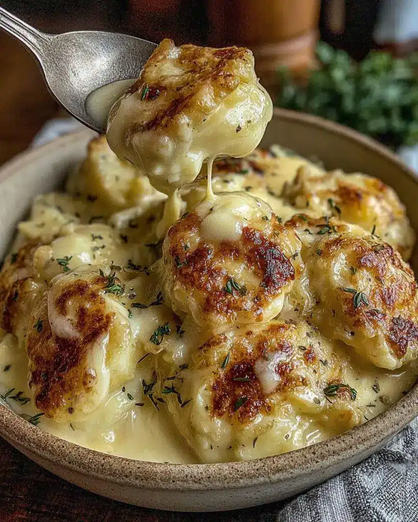 A close-up shot of the finished cabbage and dumplings served in a rustic ceramic bowl.