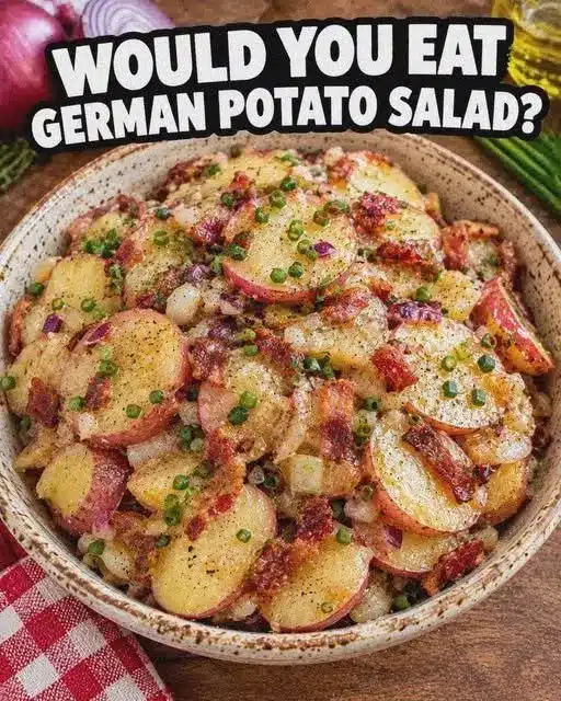Close up of sliced potatoes coated in a tangy bacon vinaigrette.