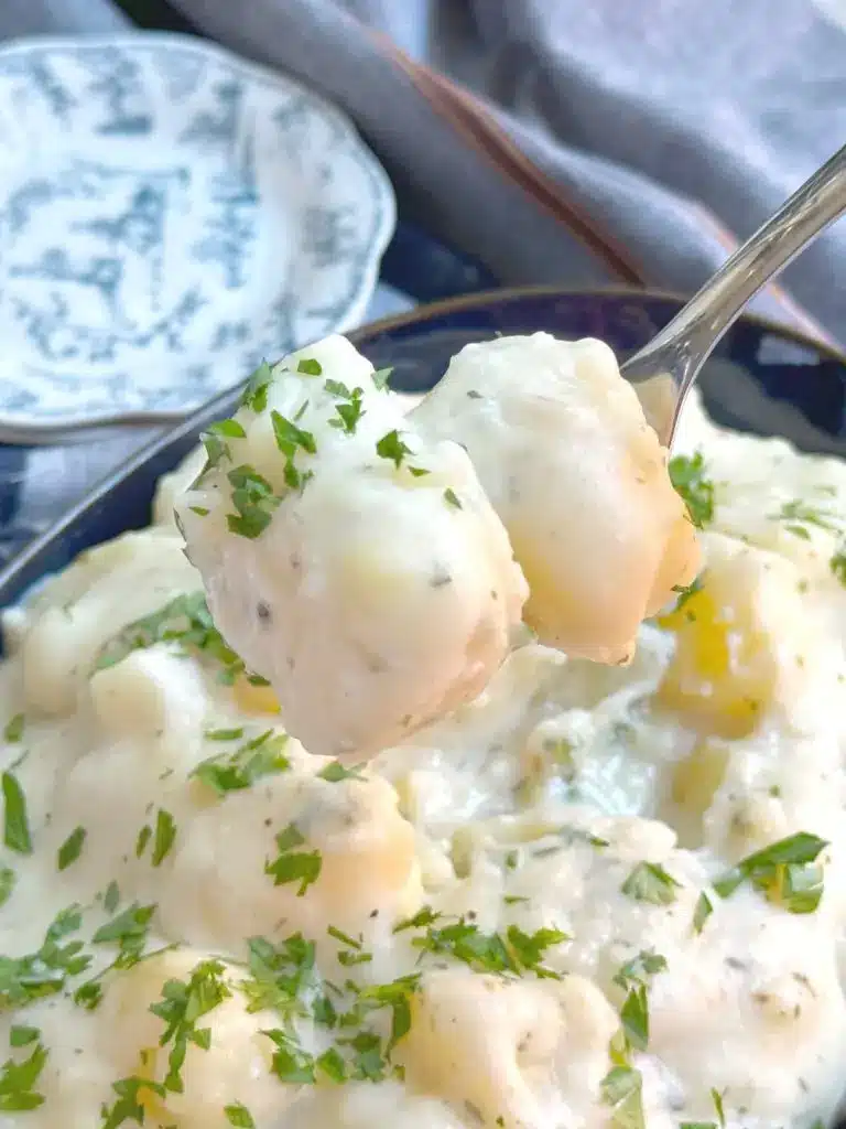 Victorian stewed potatoes served in a rustic bowl with a side of roasted meat