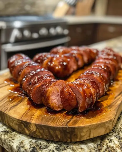 A platter of finished bacon wrapped bbq sausages ready for a party