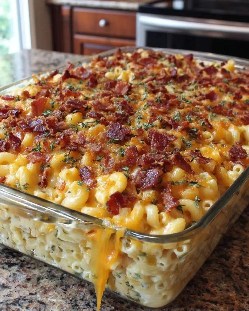 A serving of baked bacon macaroni and cheese on a plate, showing the creamy interior and crispy top.