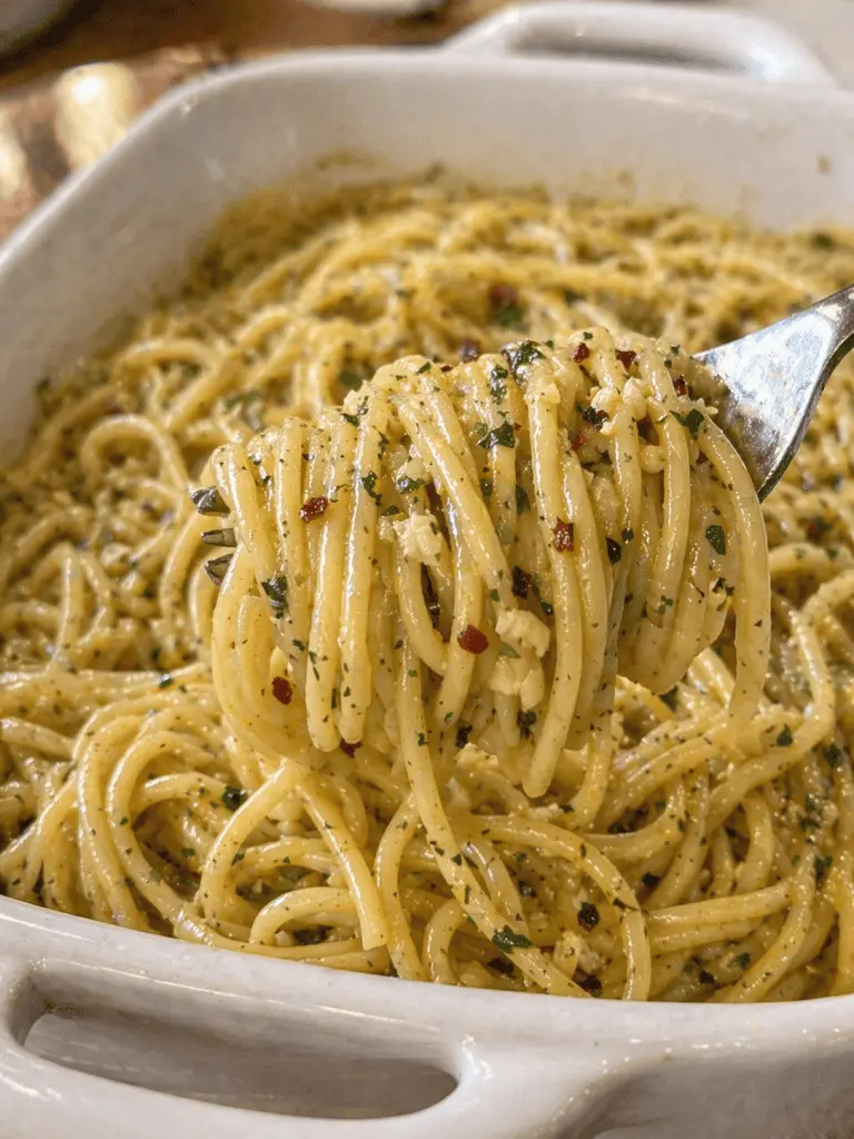 Serving of baked cowboy butter spaghetti on a white plate with a side salad