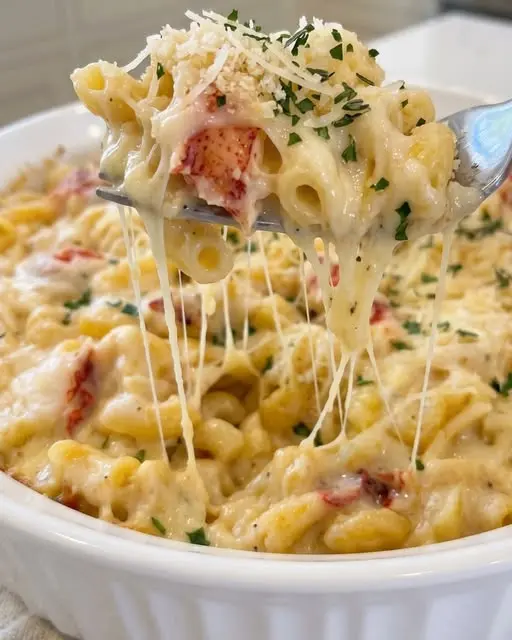 The finished baked lobster mac and cheese served in a bowl with fresh herbs