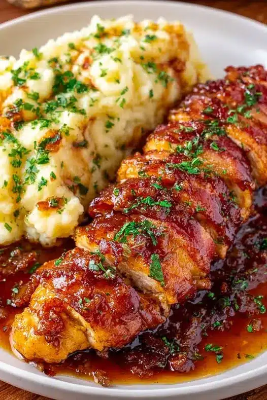 Close up of BBQ chicken over mashed potatoes with melted cheese and chives.