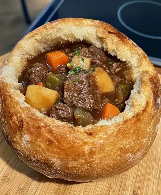 Two beef stew bread bowls sitting on a wooden board garnished with fresh rosemary