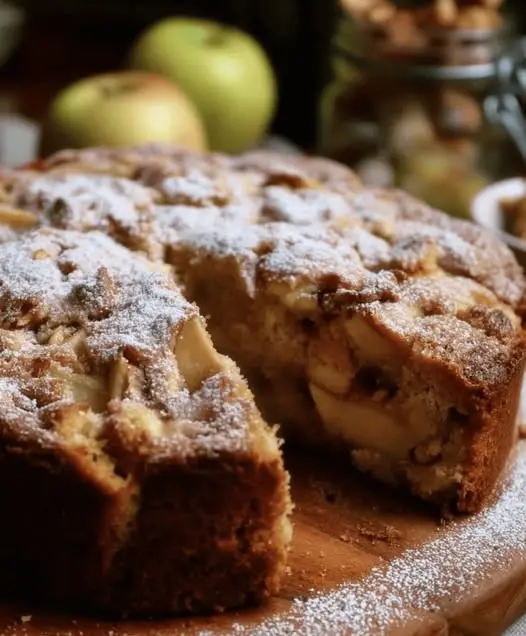 A sliced portion of apple cinnamon cake served on a plate, showing the moist interior and apple layers.