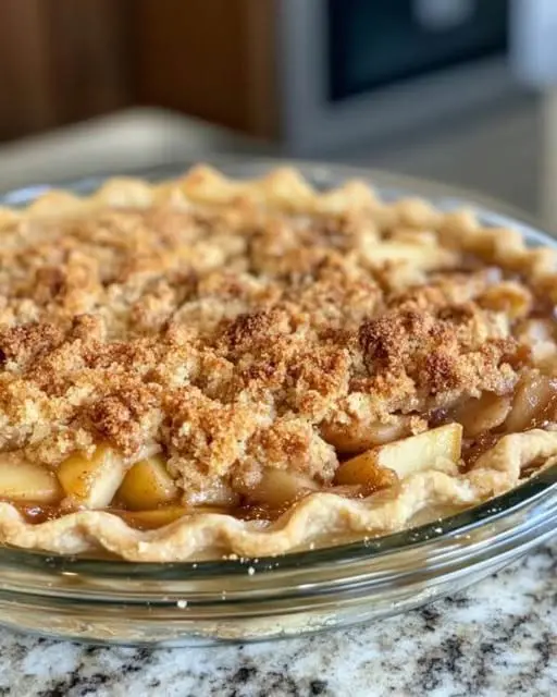 A slice of apple crumble pie served on a white plate with a scoop of melting vanilla ice cream.