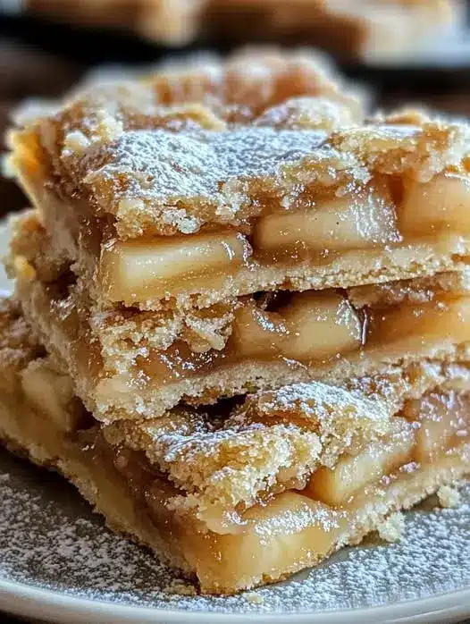 Overhead view of sliced apple pie bars showing the distinct layers of crust, fruit, and crumble