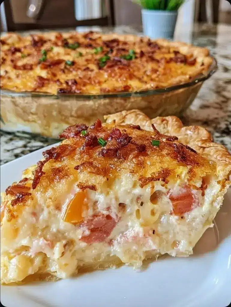 A golden brown bacon onion tomato pie sliced and ready to serve on a wooden table.