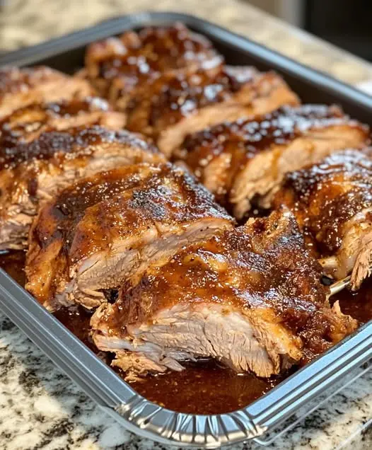A whole roasted BBQ pork loin sitting in a roasting pan with a glossy caramelized sauce