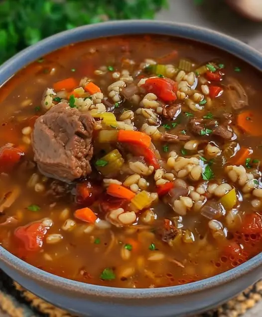 A steaming bowl of beef barley soup served with a side of crusty bread