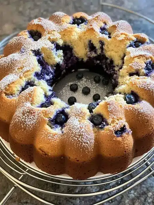 A sliced blueberry bundt cake with a lemon glaze on a white serving plate