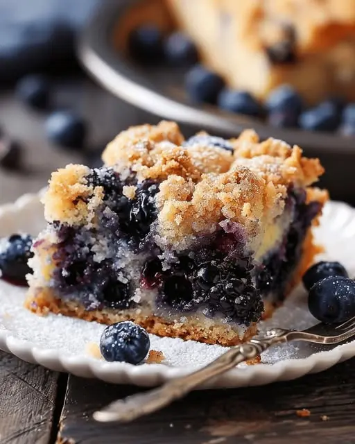 A slice of blueberry crumb cake on a plate showing the moist interior