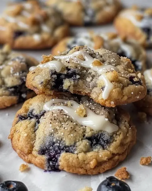 A stack of glazed blueberry lemon cookies with a bite taken out of one