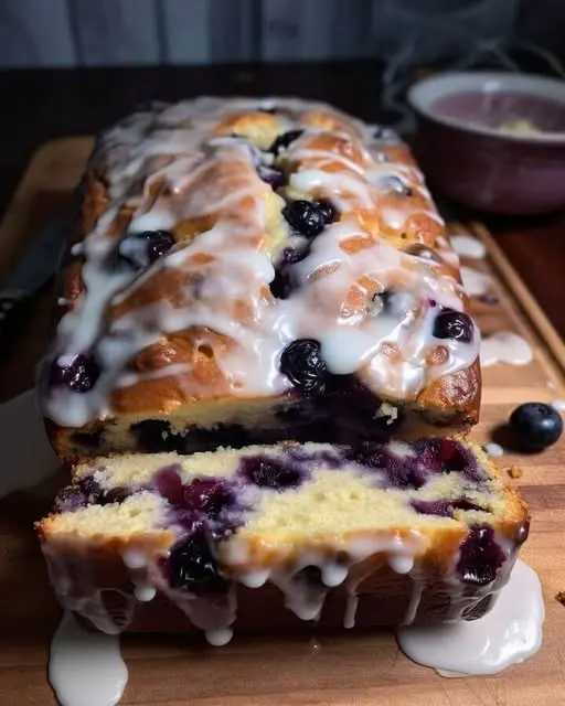 Close up of a moist slice of lemon blueberry bread showing the crumb