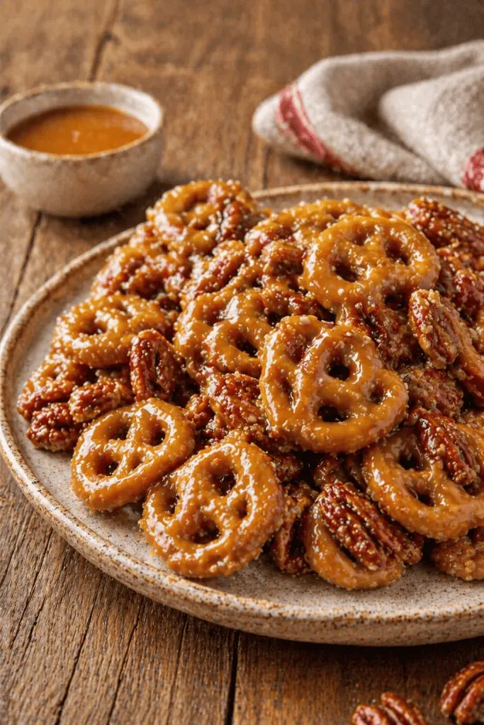 Close up of golden butter toffee pretzels on a baking sheet