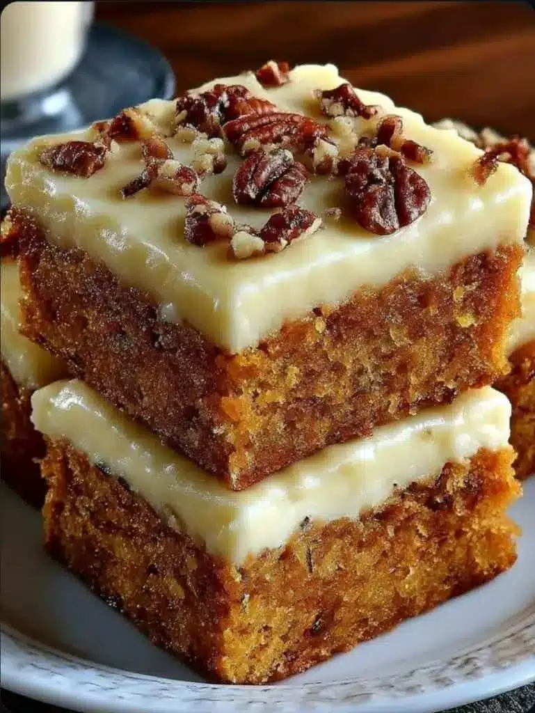 Carrot cake dessert bars arranged on a white platter with a sprinkle of cinnamon