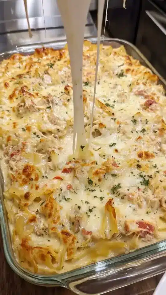 Close up shot of a portion of cheesy baked casserole with melted cheese