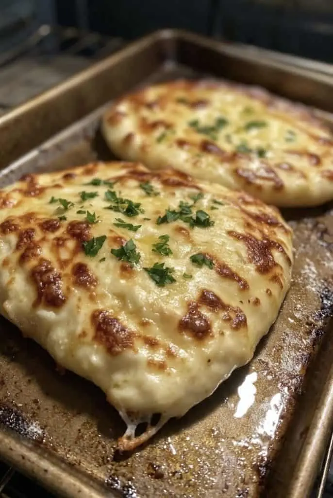 Finished cheesy garlic naan showing melted cheese center and charred garlic butter crust
