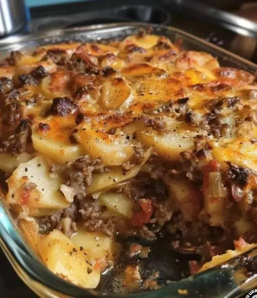 The finished cheesy potato casserole in a baking dish, golden brown with a crispy topping