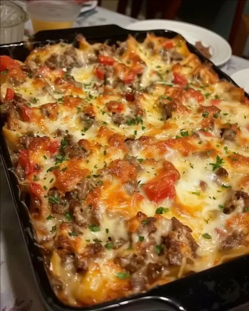 A serving of the best cheesy vegetable casserole with a golden cracker topping