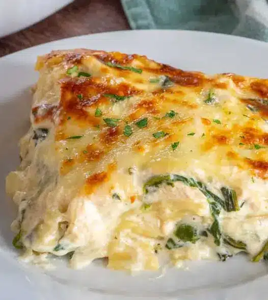 A sliced portion of chicken alfredo lasagna on a white plate with a side of garlic bread