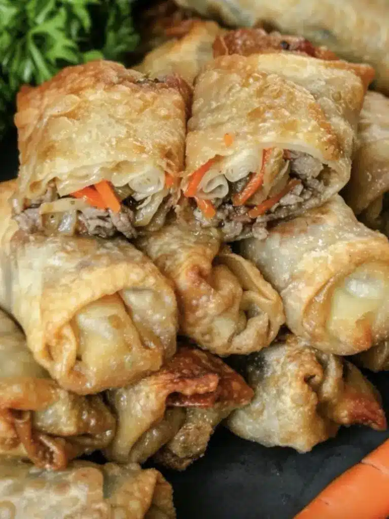 Platter of perfectly fried golden chinese egg rolls with dipping sauce