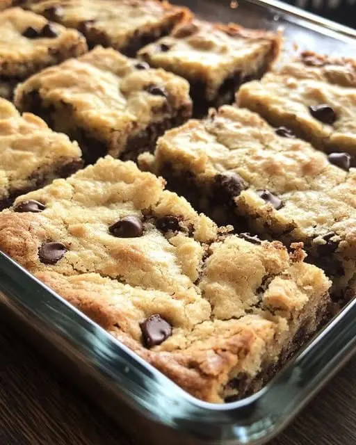 sliced chocolate chip cookie bars stacked on a plate showing the chewy center